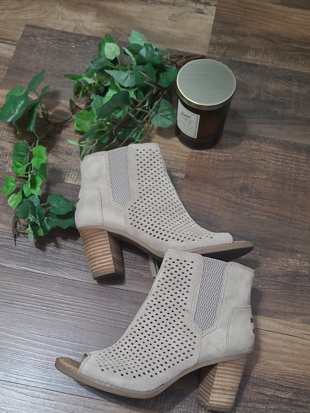 Toms Majorca Desert Taupe Perforated Peep Toe Suede Bootie